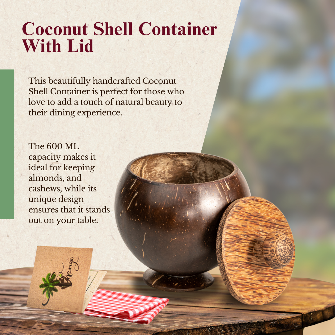 Thenga Coconut Shell Storage Container with lid & Spoon for Storing Ki