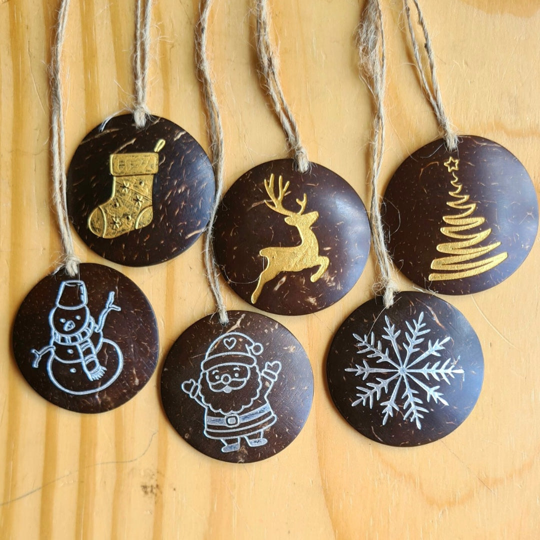 Thenga Handmade Coconut Shell Christmas Hangings (Set of 6) | Eco-Friendly Festive Ornaments