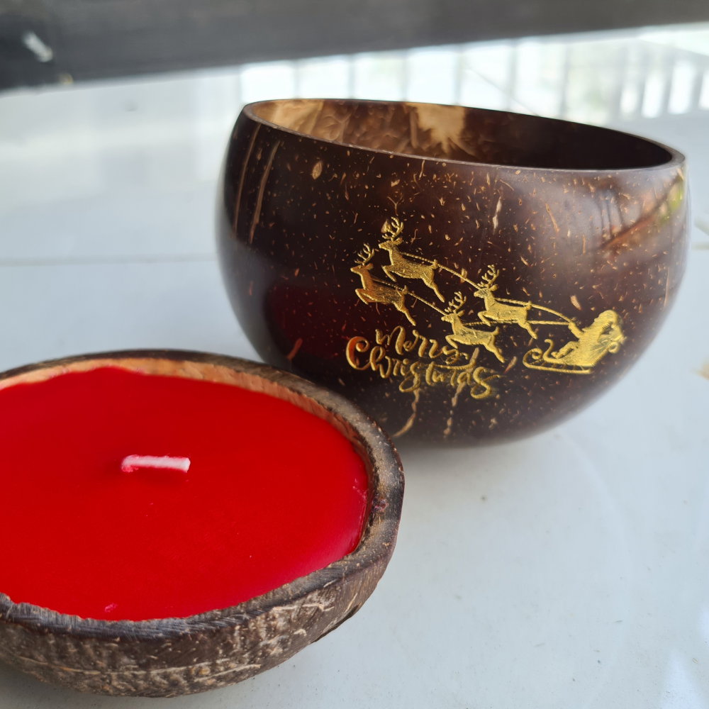 Thenga Coconut Shell Christmas Candles/Diya - Red ( Set of 2 )