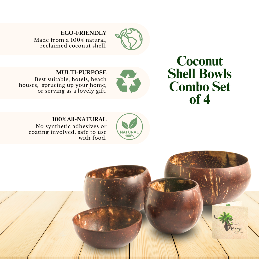 Thenga Coconut Bowl Combo Set with 900 ML, 500 ML, 200 ML, 150 ML | Perfect for Meals, Salads, Smoothies (Set of 4)