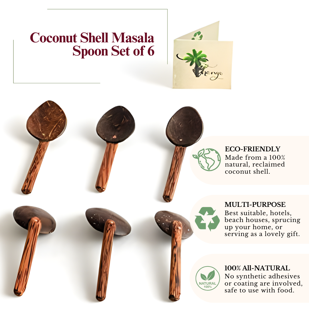 Thenga Coconut Shell Masala Spoons for Spices, Tea, Coffee, Desserts - (Set of 6)