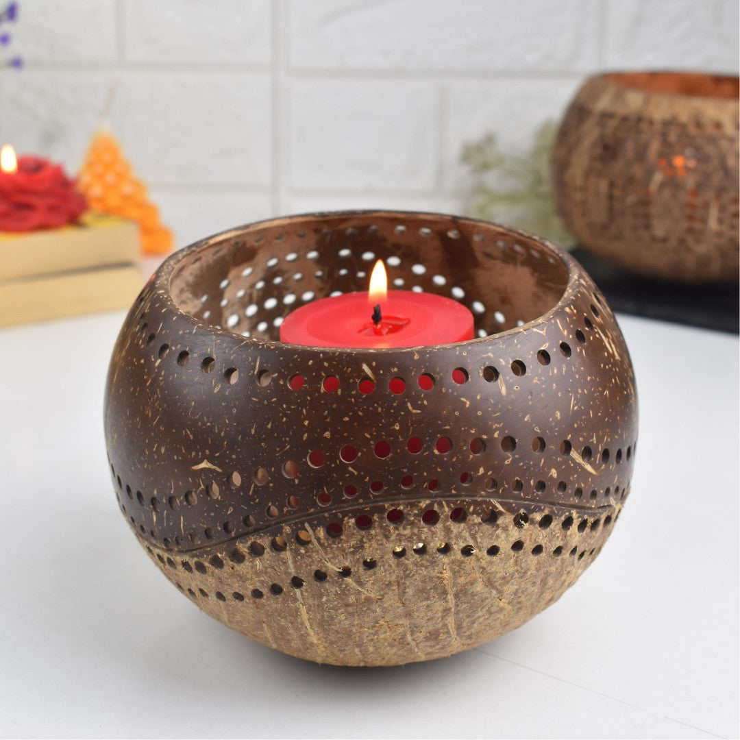 Thenga Hand Carved Coconut Shell Candle Holder | Lantern Tealight - Exotic (Set of 1)