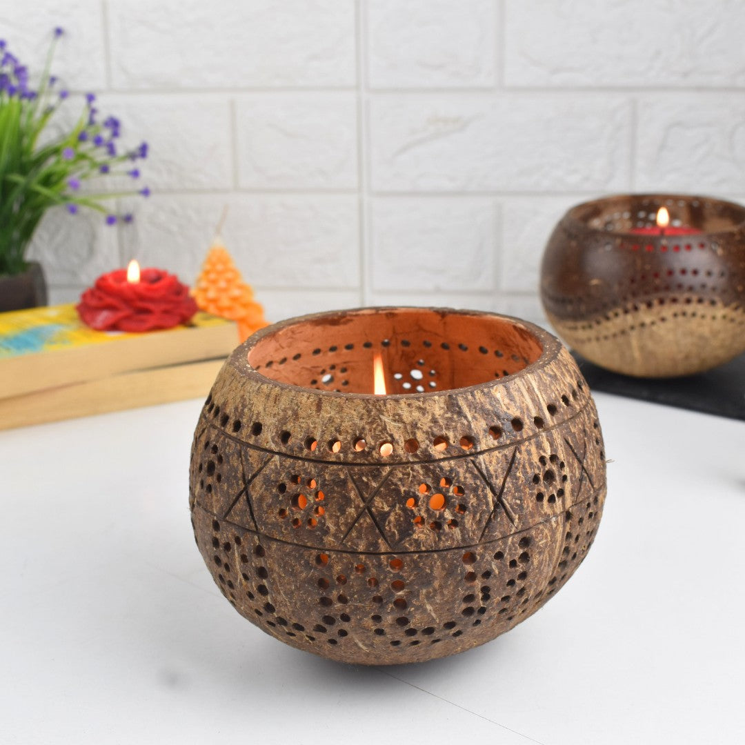 Thenga Hand Carved Coconut Shell Candle Holder - Eco-Friendly Diwali Gifts (Tropical)