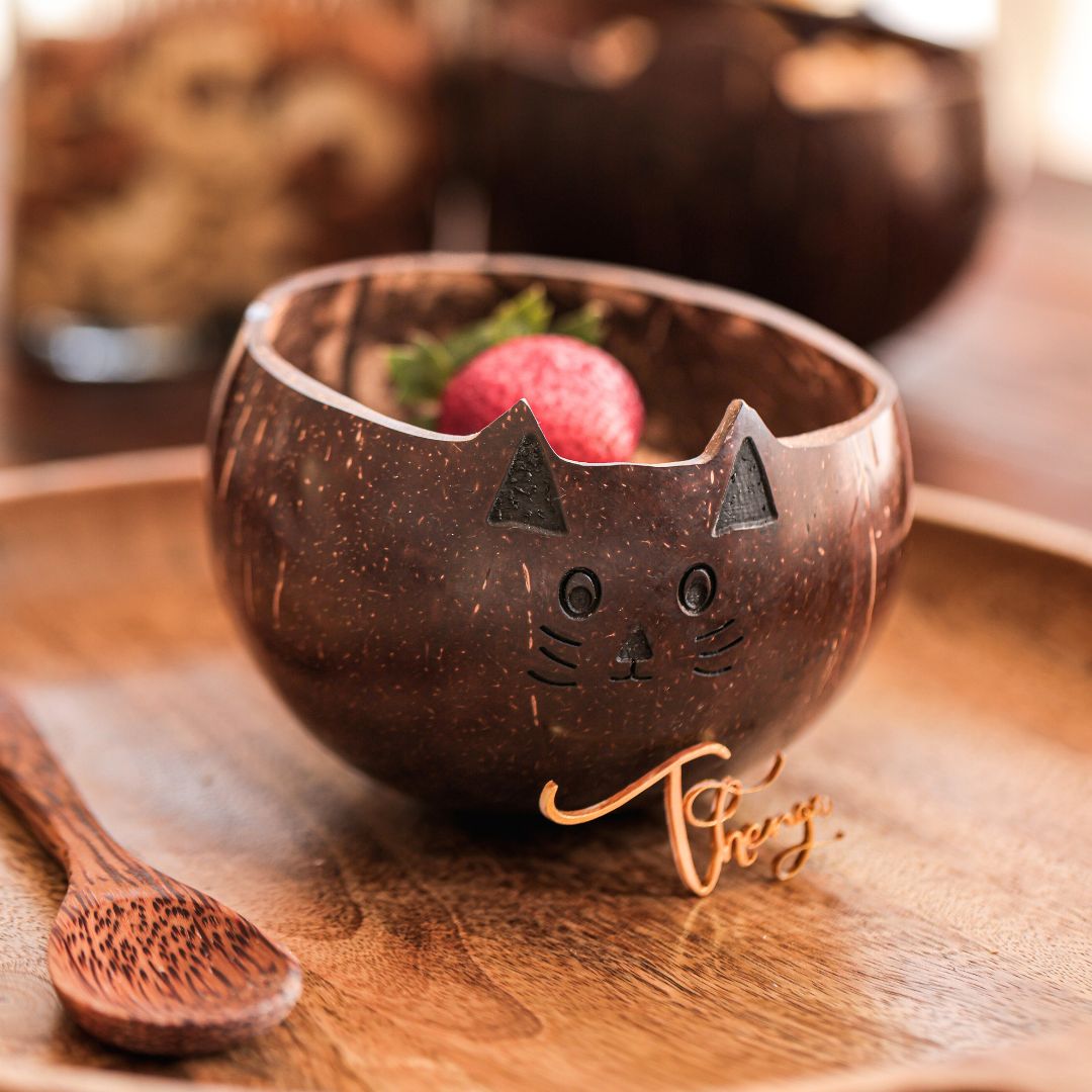 Thenga Coconut Shell Animal Bowl with Spoon - CAT ( Set of 1 )