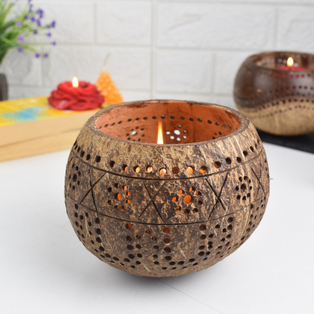 Thenga Hand Carved Coconut Shell Candle Holder - Eco-Friendly Diwali Gifts (Tropical)