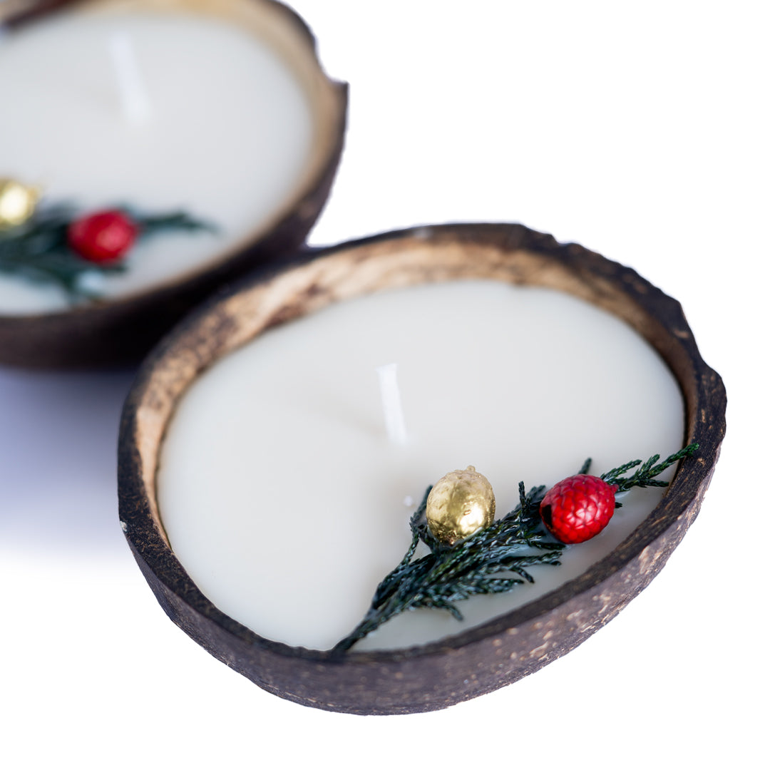 Thenga Coconut Shell Christmas Candle/Diya | Eco-Friendly Scented Soy Wax - 350 GM (Set of 2)