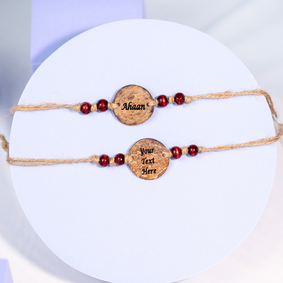 Thenga Coconut Shell Customizable Rakhi Sets | Handmade Eco-Friendly Rakhis for Brothers – Set of 2