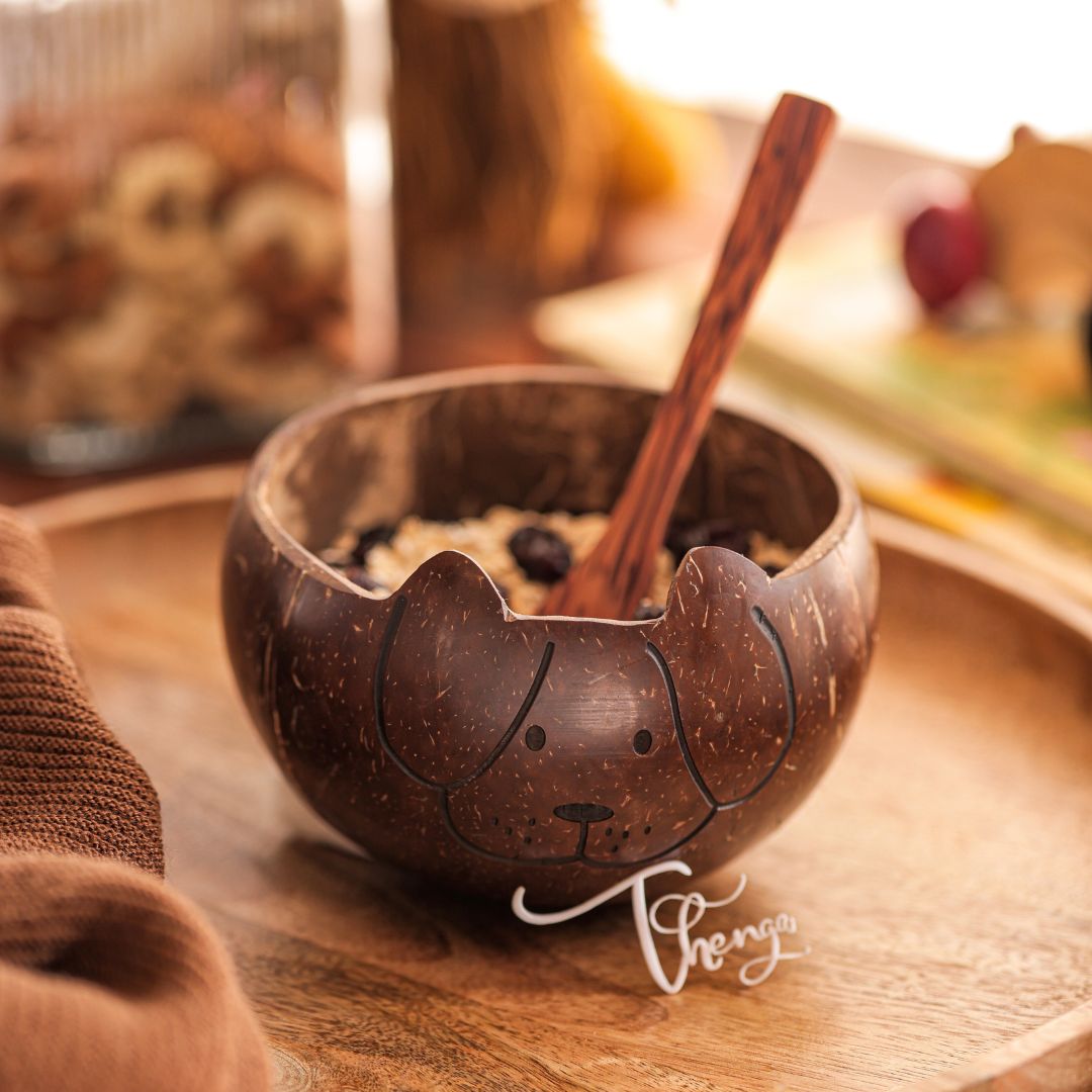 Thenga Coconut Shell Animal Bowl with Spoon - Dog ( Set of 1 )