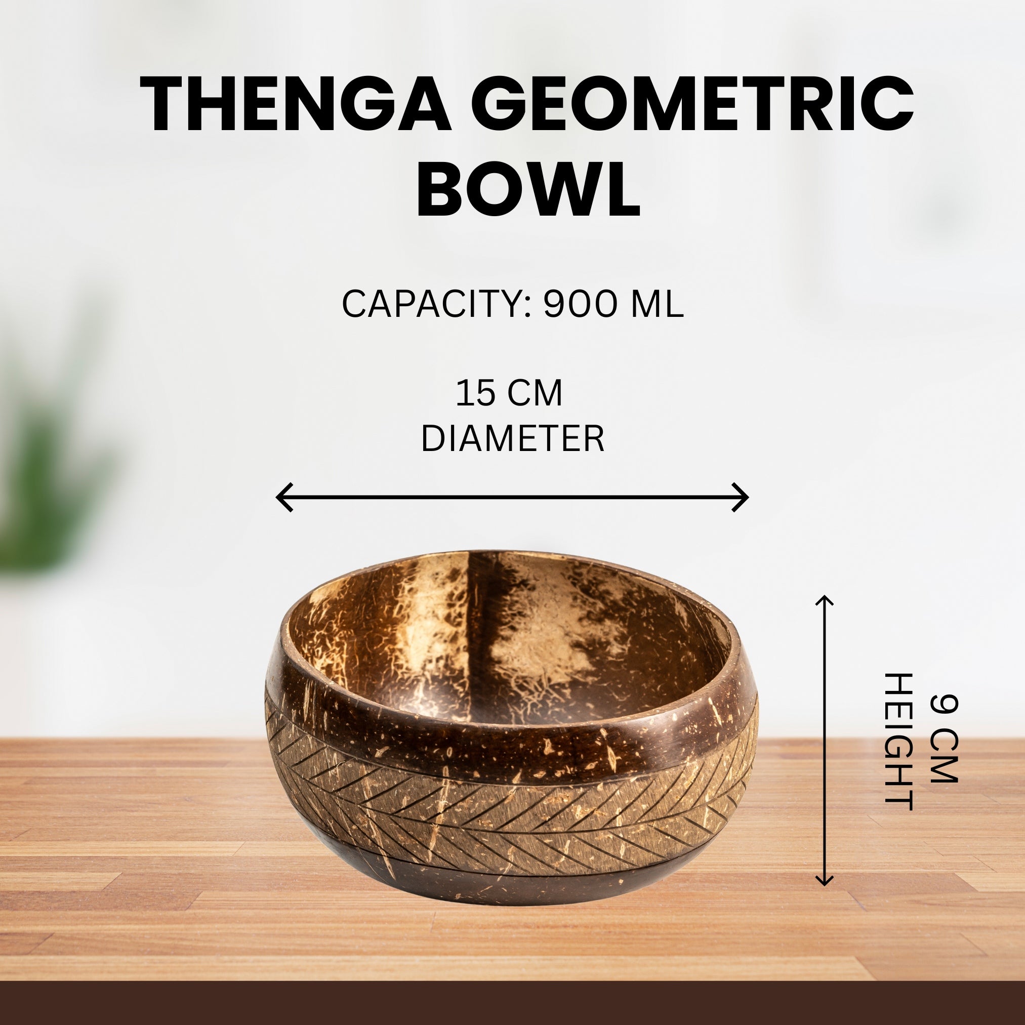 Thenga Geometric Jumbo Coconut Bowl - 1 Bowl with Spoon and Fork 900 ML ( Pack of 1)