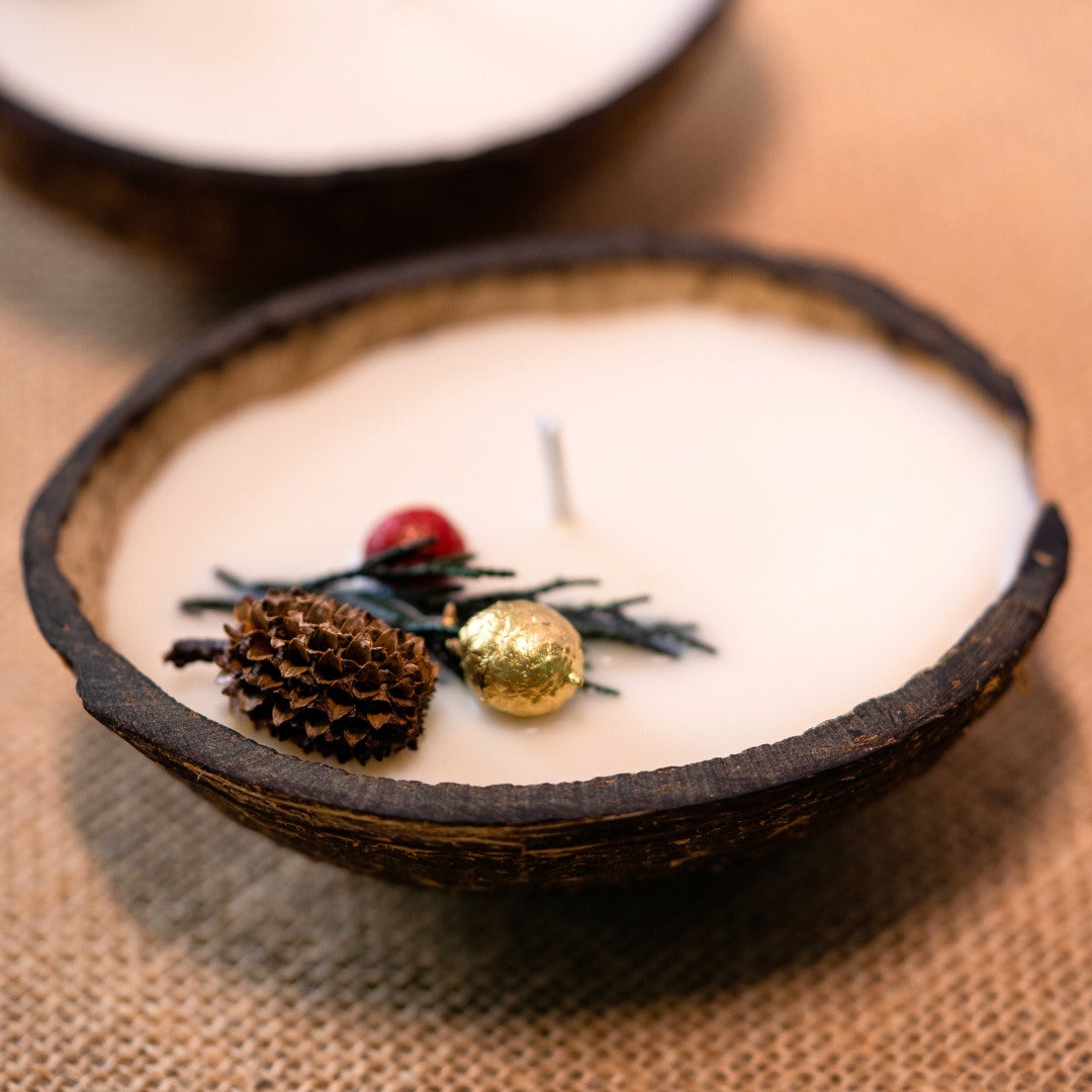 Thenga Coconut Shell Christmas Candle/Diya | Eco-Friendly Scented Soy Wax - 350 GM (Set of 2)