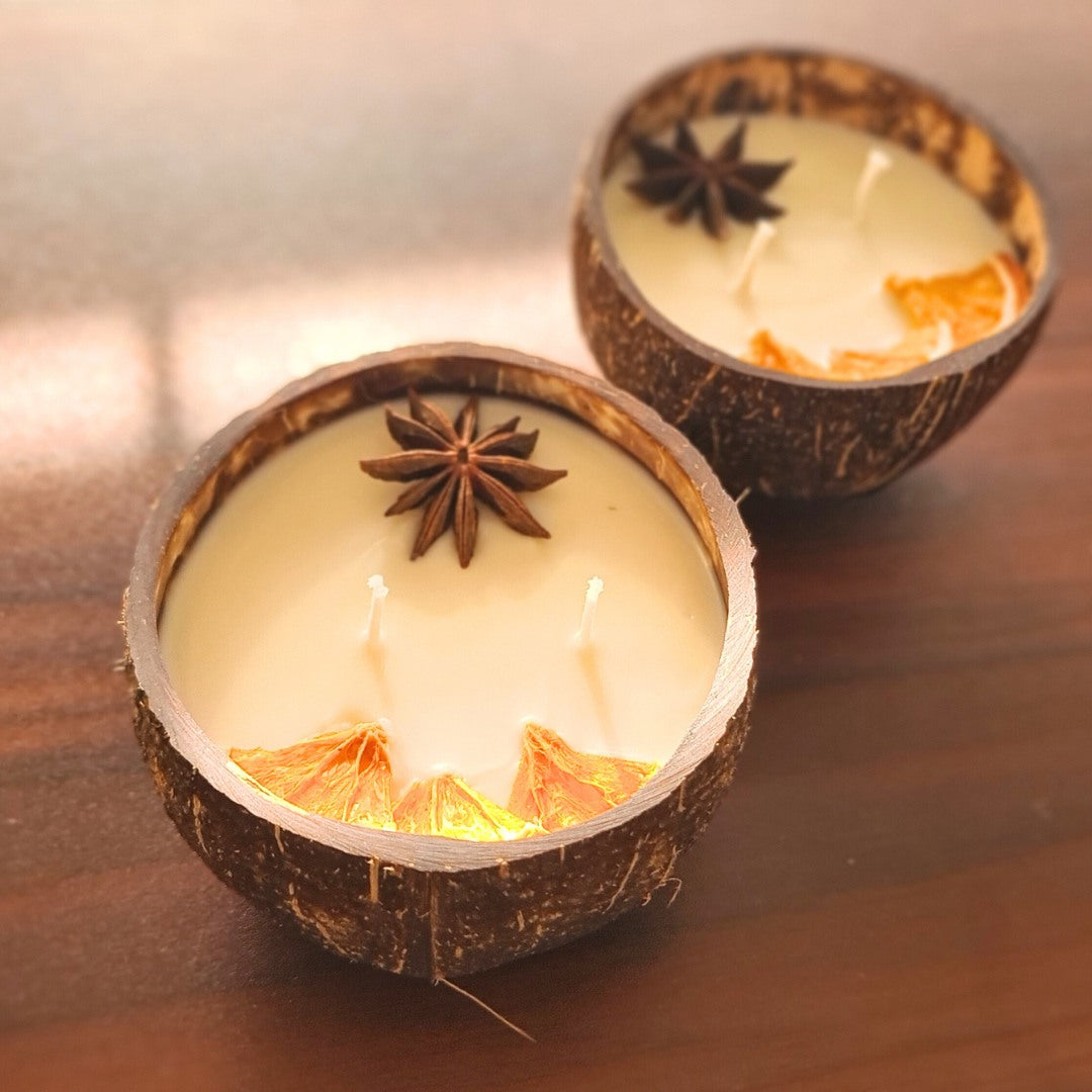 Thenga Coconut Shell Candle/Diya | Eco-Friendly Scented Soy Wax Candles - Orange & Spice, Large 300gm (Set of 1)