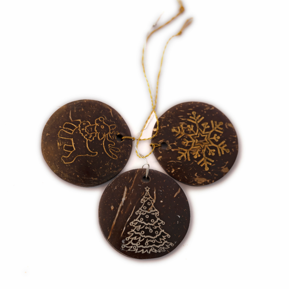 Thenga Coconut Shell Christmas Hangings Decorations - Set of 6 (2 Reindeer, 2 Tree, 2 Snowflake)
