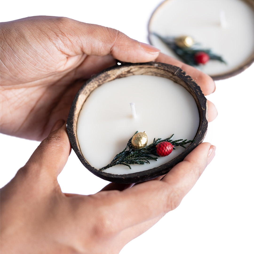 Thenga Coconut Shell Christmas Candle/Diya | Eco-Friendly Scented Soy Wax - 350 GM (Set of 2)