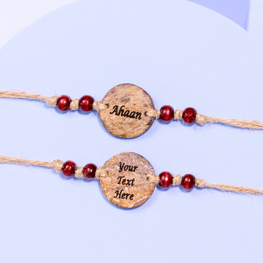 Thenga Coconut Shell Customizable Rakhi Sets | Handmade Eco-Friendly Rakhis for Brothers – Set of 2