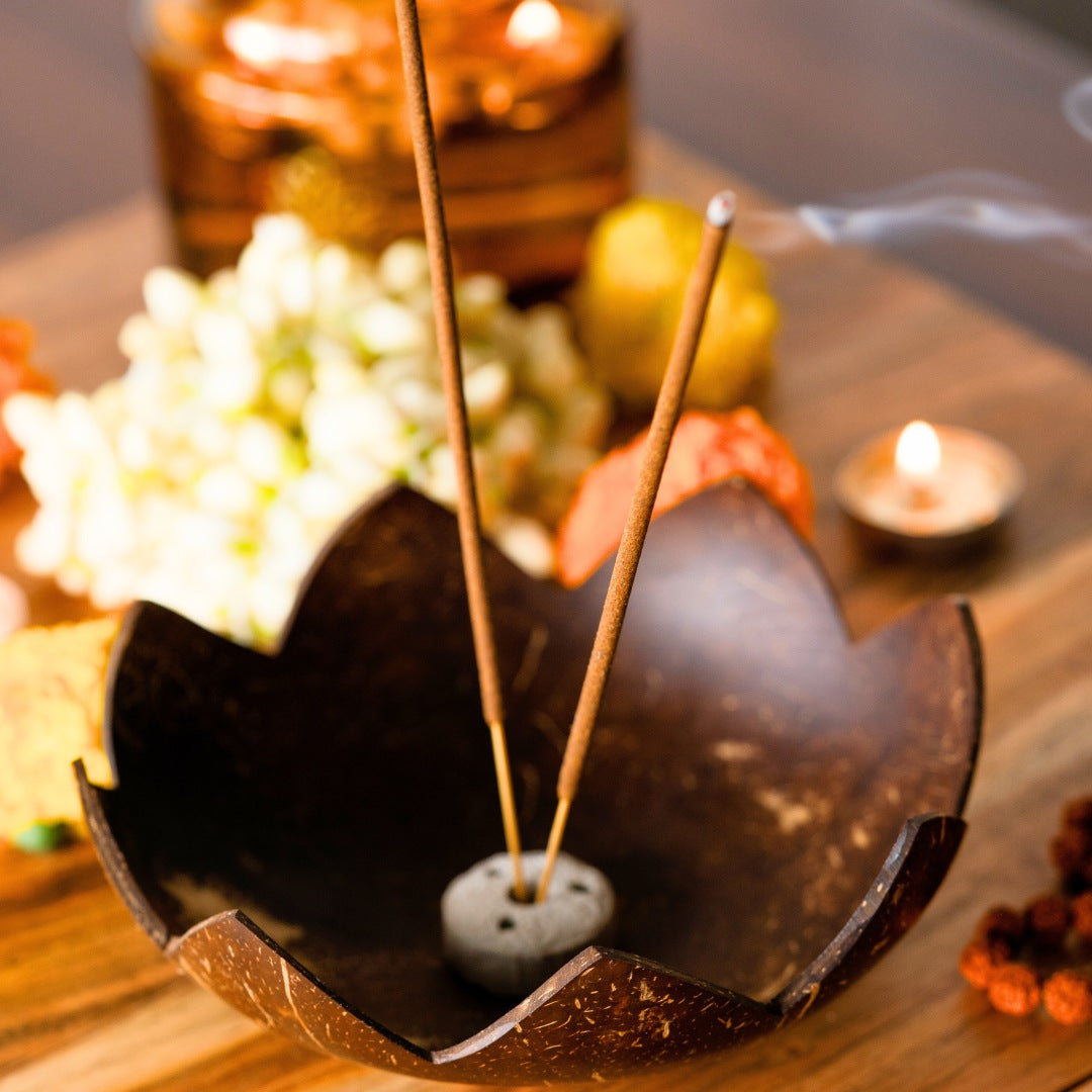 Thenga Coconut Shell Agarbatti Stand with Ash Catcher | Wooden Incense Stick Holder (Set of 1)
