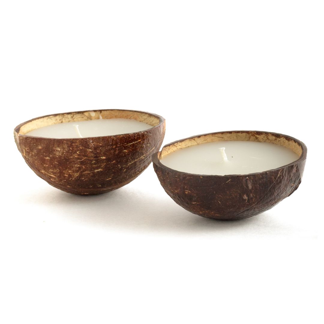 Thenga Coconut Shell Candle/Diya | Eco-Friendly Scented Soy Wax Candles - White (Set of 4)