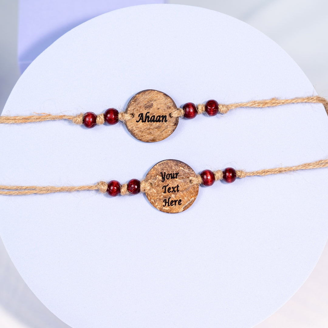 Thenga Coconut Shell Customizable Rakhi Sets | Handmade Eco-Friendly Rakhis for Brothers – Set of 2
