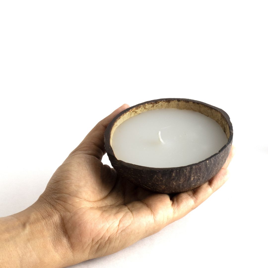 Thenga Coconut Shell Candle/Diya | Eco-Friendly Scented Soy Wax Candles - White (Set of 4)