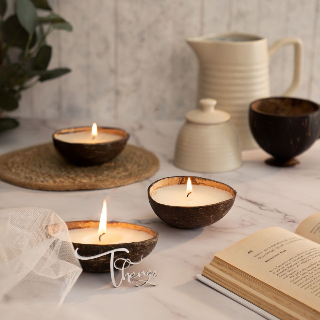 Thenga Coconut Shell Candle/Diya | Eco-Friendly Scented Soy Wax Candles - White (Set of 4)