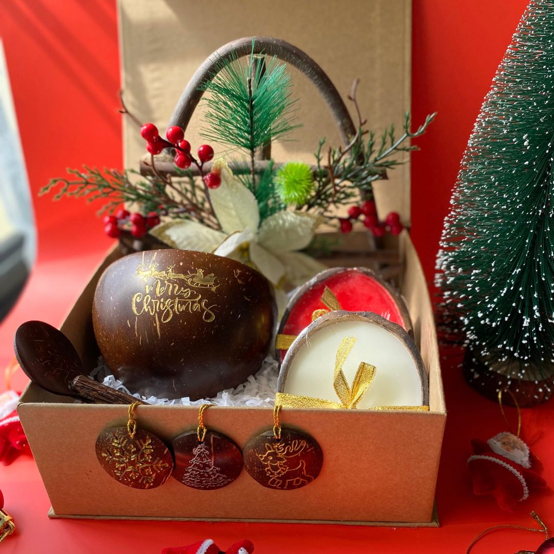 Eco-Friendly Christmas Gift Hamper - 1 Christmas Bowl, 3 Hangings, 2 Candles, 1 Christmas Star