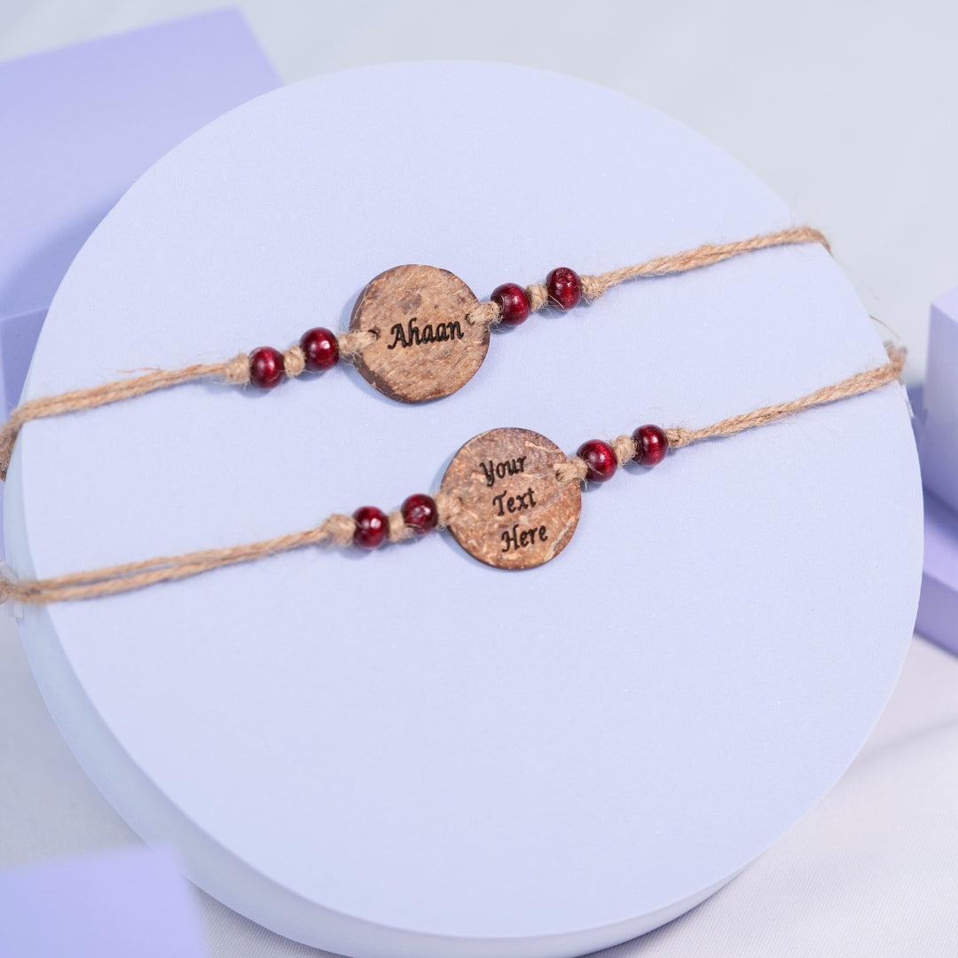 Thenga Coconut Shell Customizable Rakhi Sets | Handmade Eco-Friendly Rakhis for Brothers – Set of 2