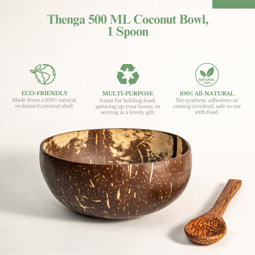 Thenga Artisan Coconut Bowl with Spoon | For Smoothie, Cereals, Salads - 500 ML (Set of 1)