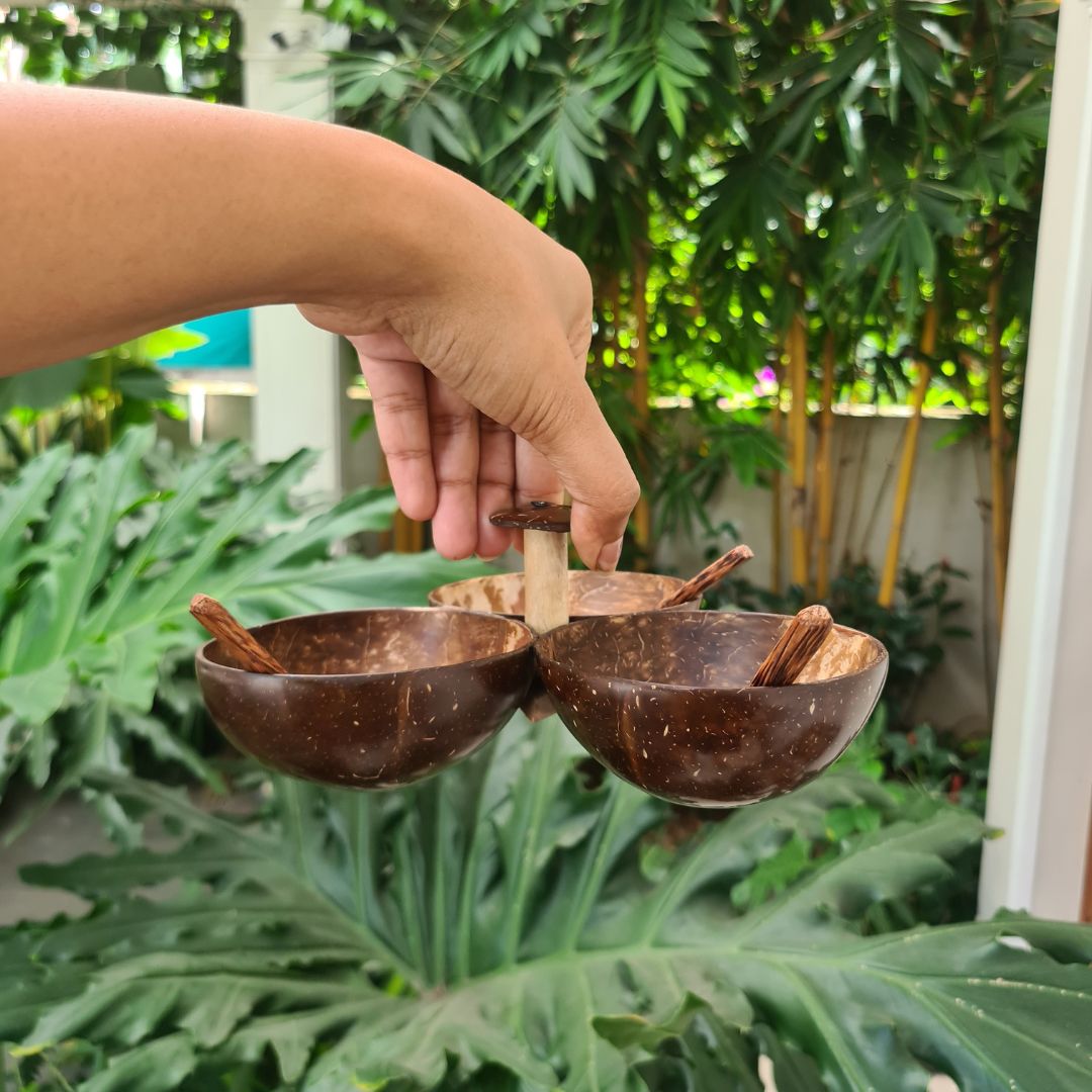 Thenga Coconut Shell Three Bowl Serving Set + 3 Spoons | Perfect for Nuts, Dips, Sauces, or Snacks (Set of 1)