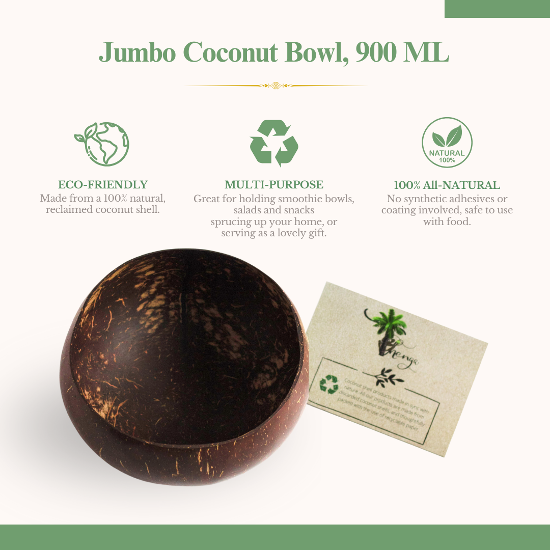 Thenga Artisan Jumbo Coconut Shell Bowls and Spoon Sets | For Smoothies, Salads, Serving - 900 ML (Set of 6)