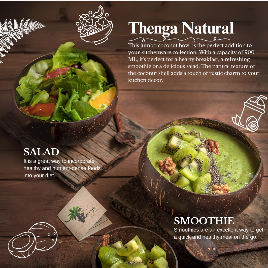 Thenga Artisan Jumbo Coconut Shell Bowls and Spoon Sets | For Smoothies, Salads, Serving - 900 ML (Set of 6)