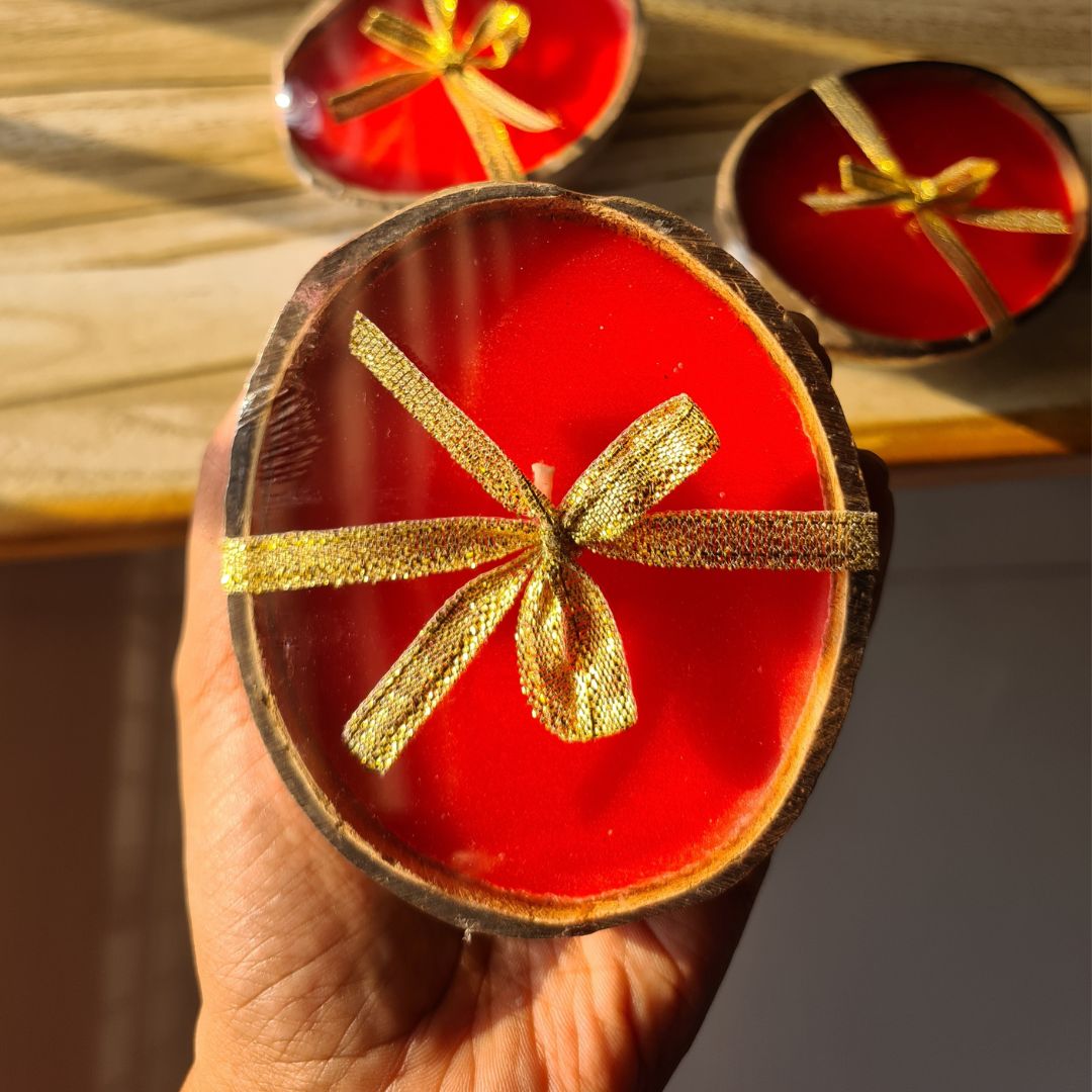Thenga Coconut Shell Christmas Candles/Diya - Red ( Set of 2 )
