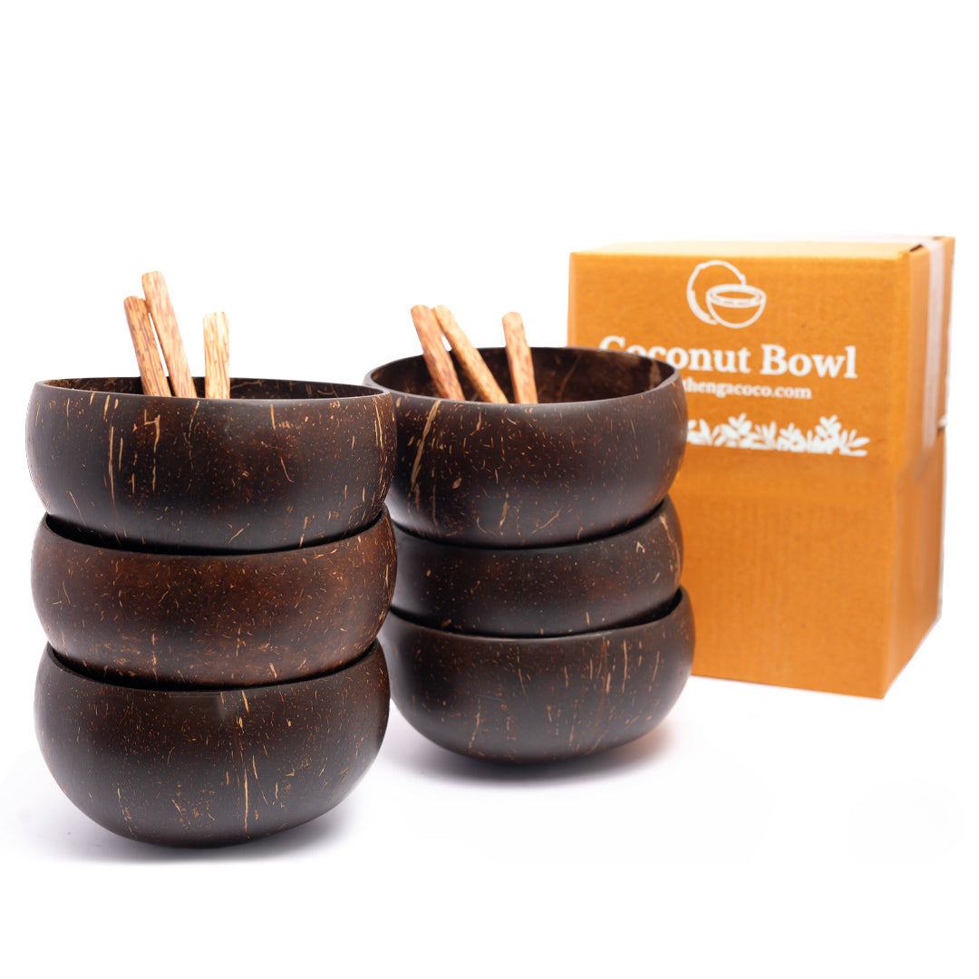 Thenga Artisan Jumbo Coconut Shell Bowls and Spoon Sets | For Smoothies, Salads, Serving - 900 ML (Set of 6)