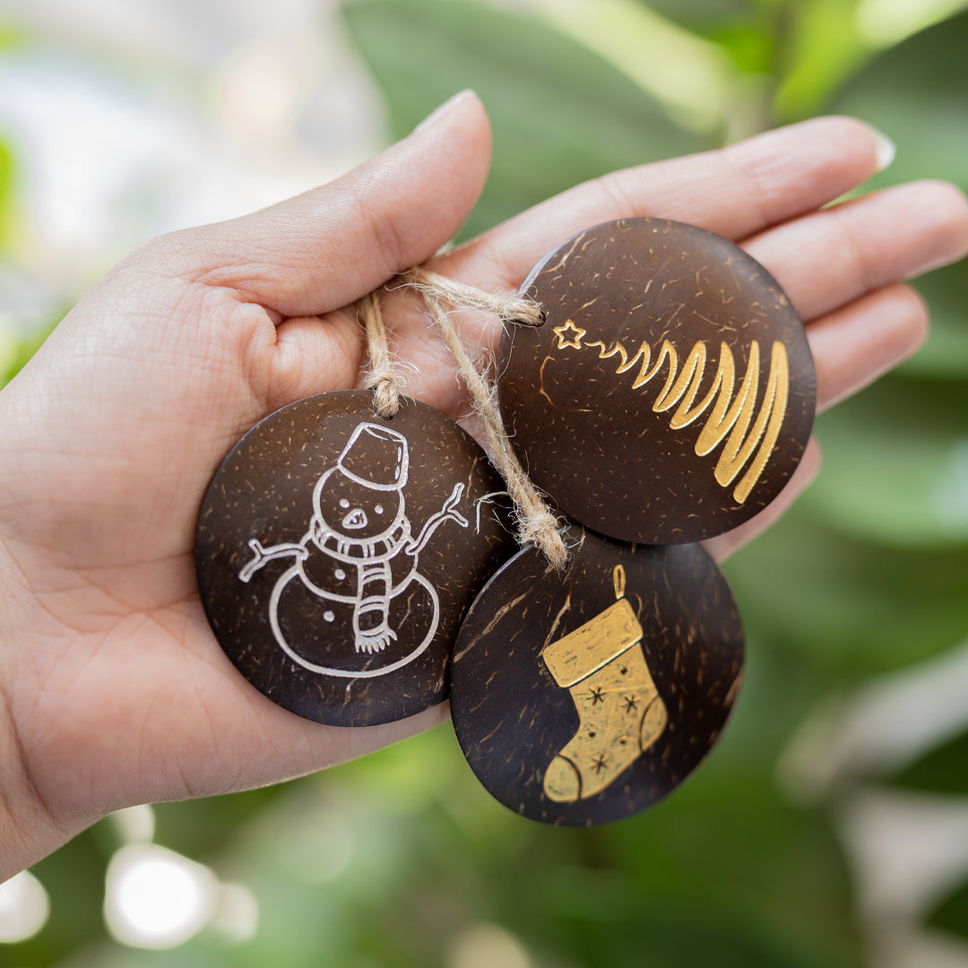 Thenga Handmade Coconut Shell Christmas Hangings (Set of 6) | Eco-Friendly Festive Ornaments