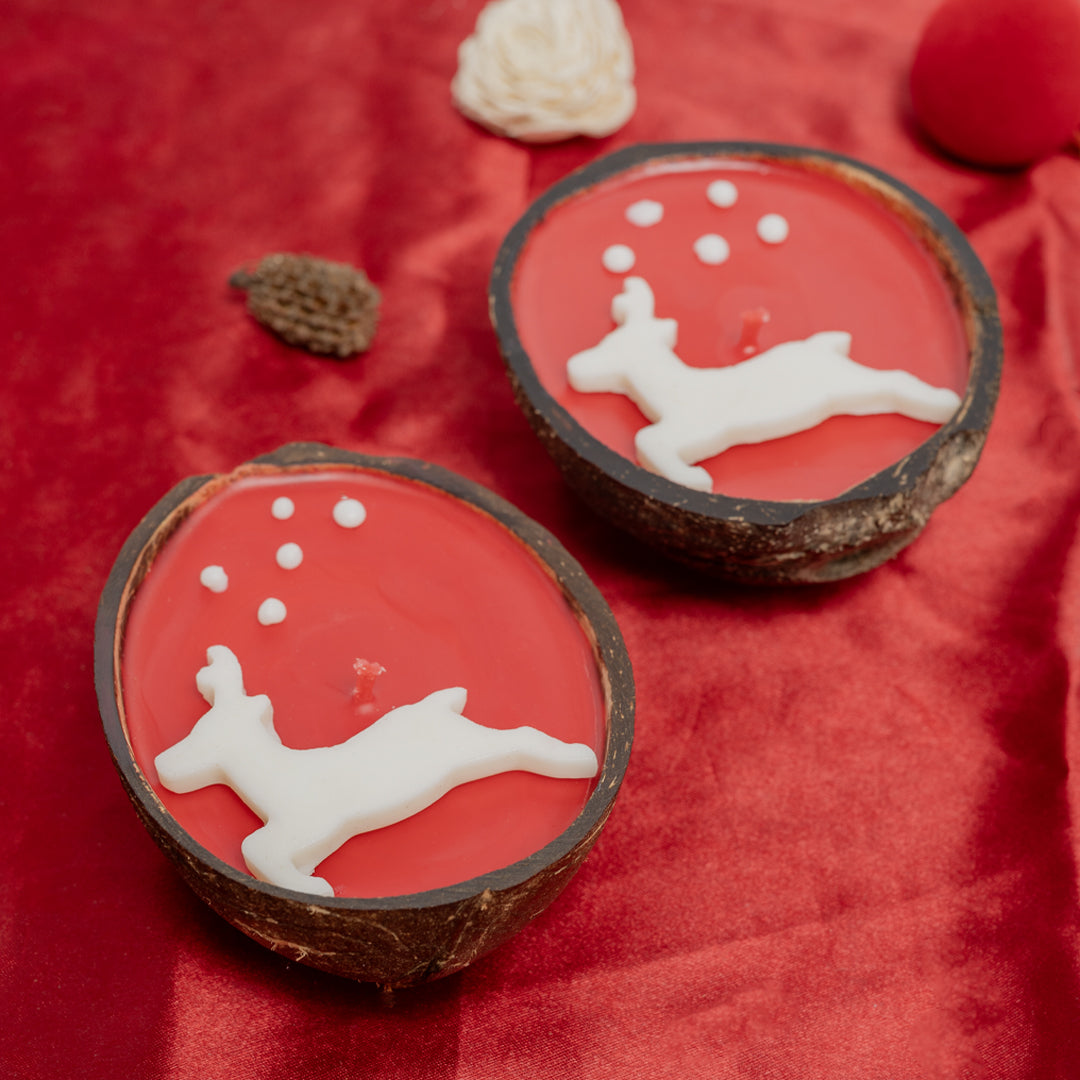 Thenga Christmas Reindeer Candle Set of 2 | Eco-Friendly Coconut Shell Scented Candles