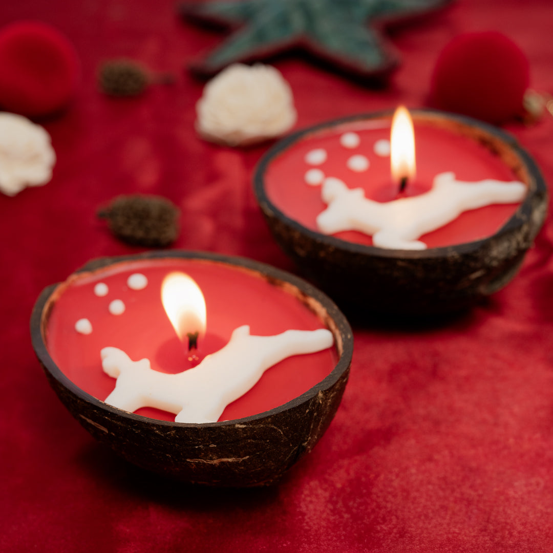 Thenga Christmas Reindeer Candle Set of 2 | Eco-Friendly Coconut Shell Scented Candles