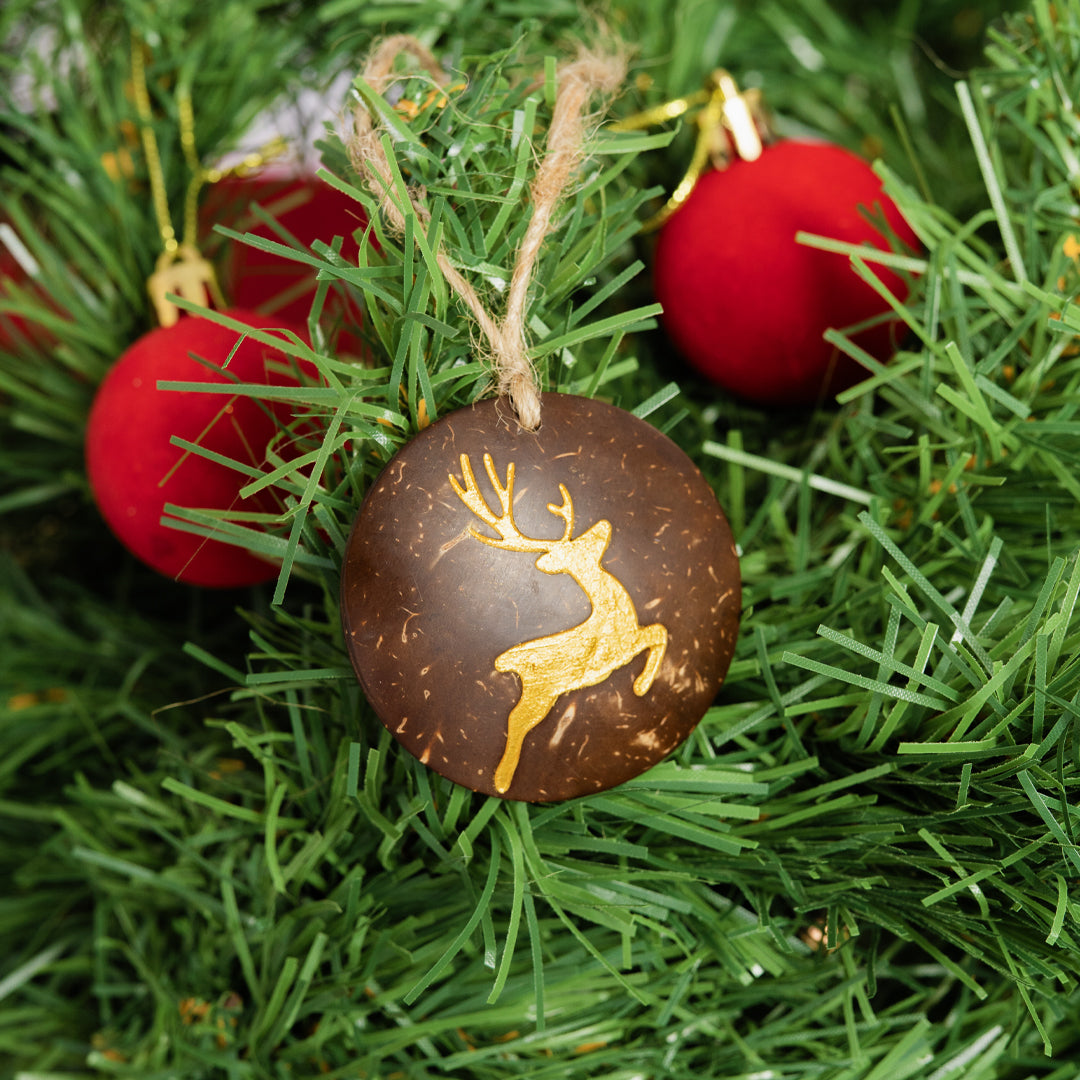 Thenga Handmade Coconut Shell Christmas Hangings (Set of 6) | Eco-Friendly Festive Ornaments