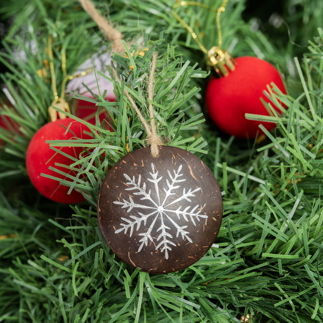 Thenga Handmade Coconut Shell Christmas Hangings (Set of 6) | Eco-Friendly Festive Ornaments