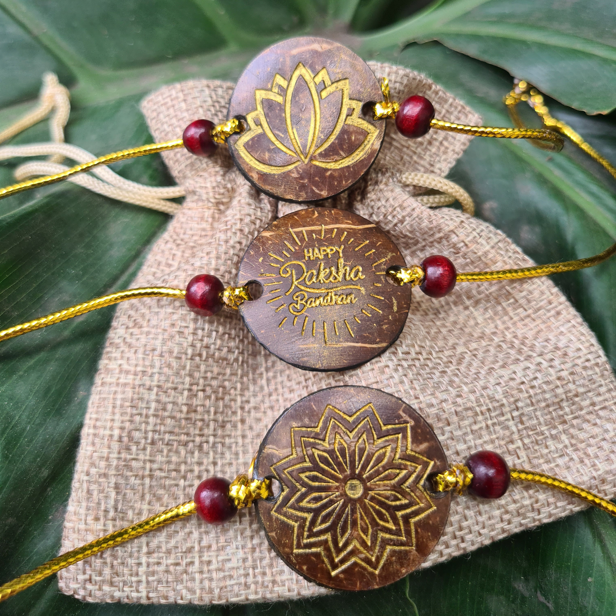 Coconut Shell Sustainable Rakhi's (Package includes Rakhis, Jute Potli & Raksha Bandhan Card) Set of 3