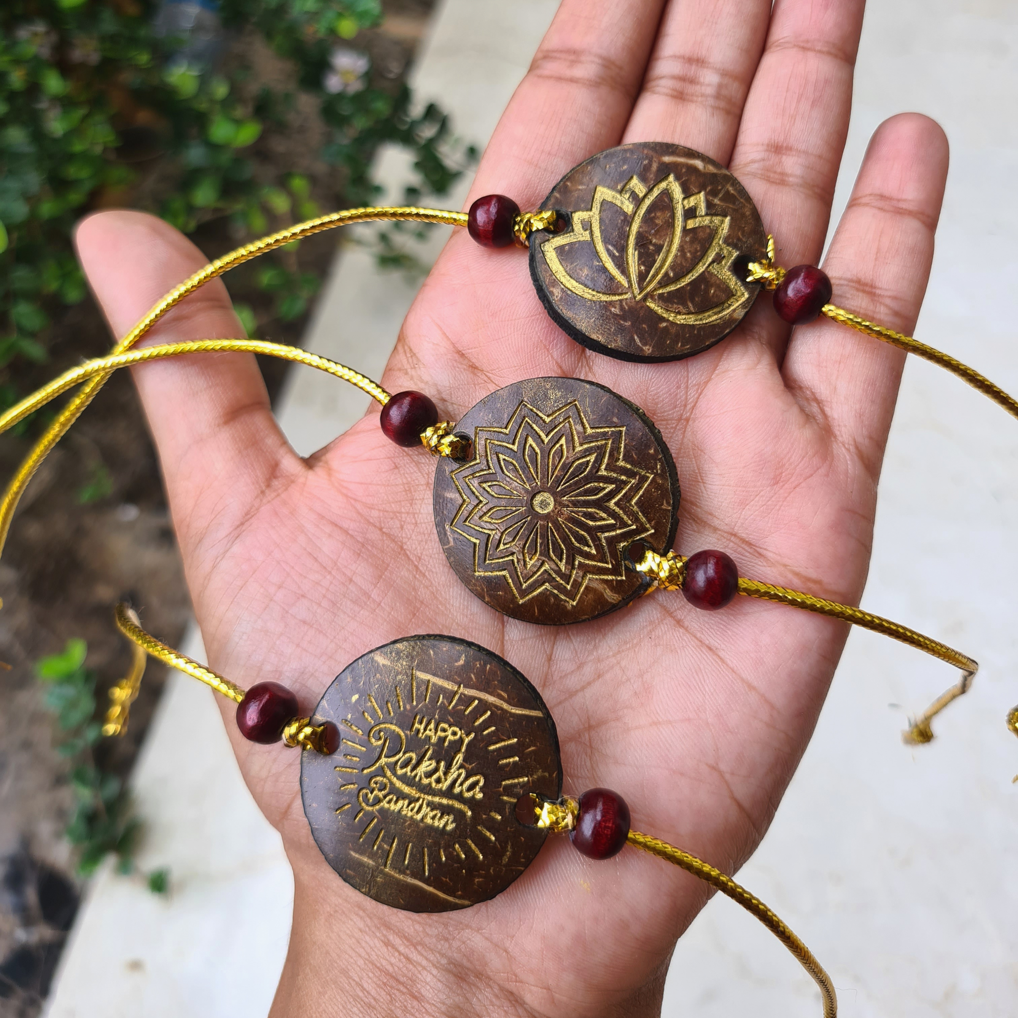 Coconut Shell Sustainable Rakhi's (Package includes Rakhis, Jute Potli & Raksha Bandhan Card) Set of 3