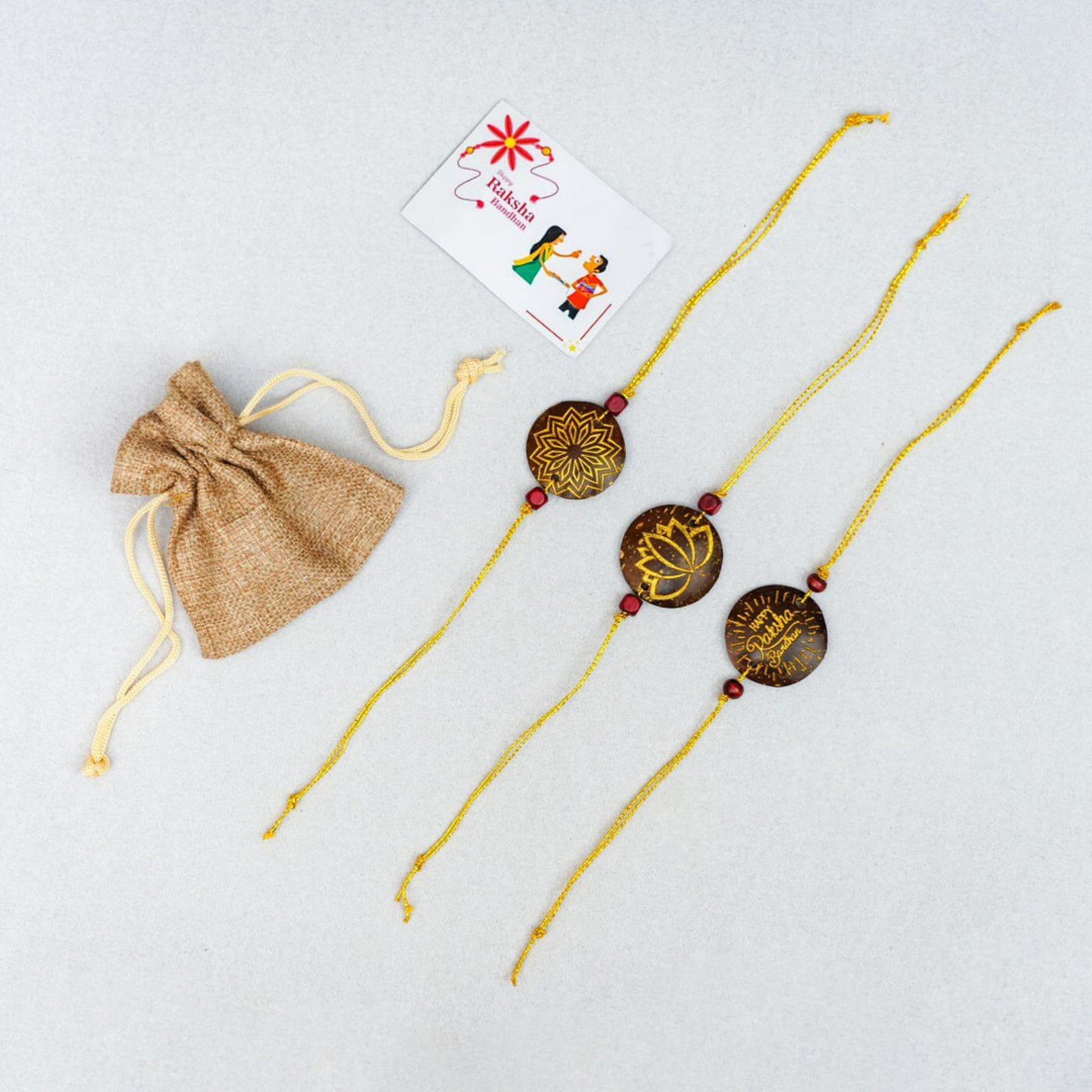 Coconut Shell Sustainable Rakhi's (Package includes Rakhis, Jute Potli & Raksha Bandhan Card) Set of 3