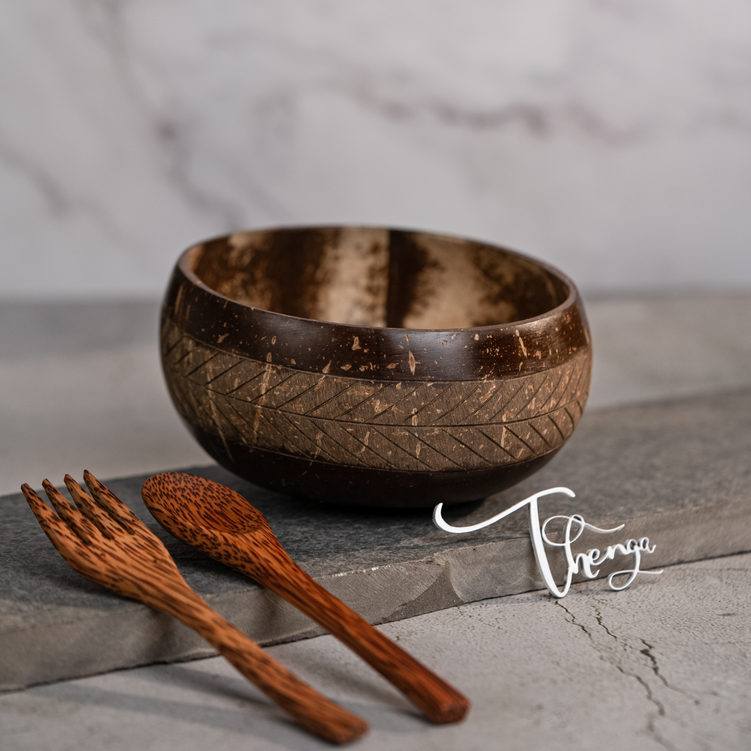 Thenga Geometric Coconut Bowl - 1 Bowl with Spoon and Fork 900 ML (Pack of 1)