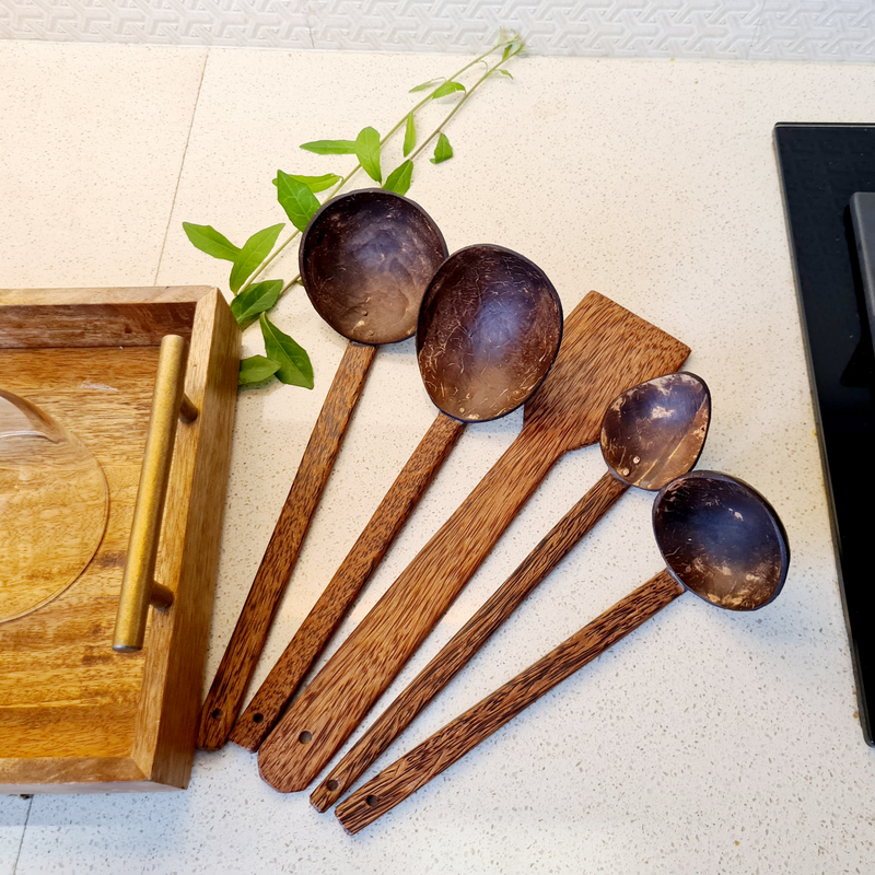 Thenga Coconut Shell Spoons Sets for Cooking | 1 Spatula, 1 Large Spoo